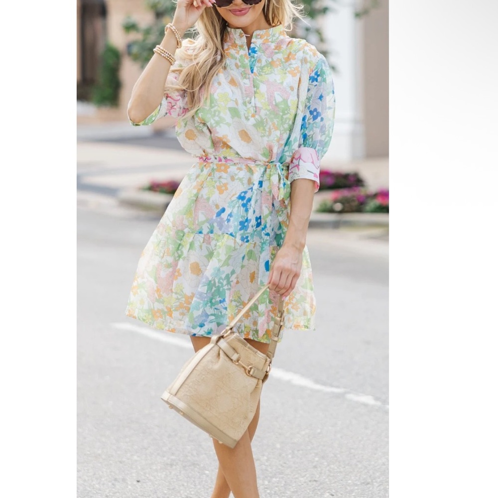 Floral Multicolor Mini Dress with belt oversized - Picture 2 of 6